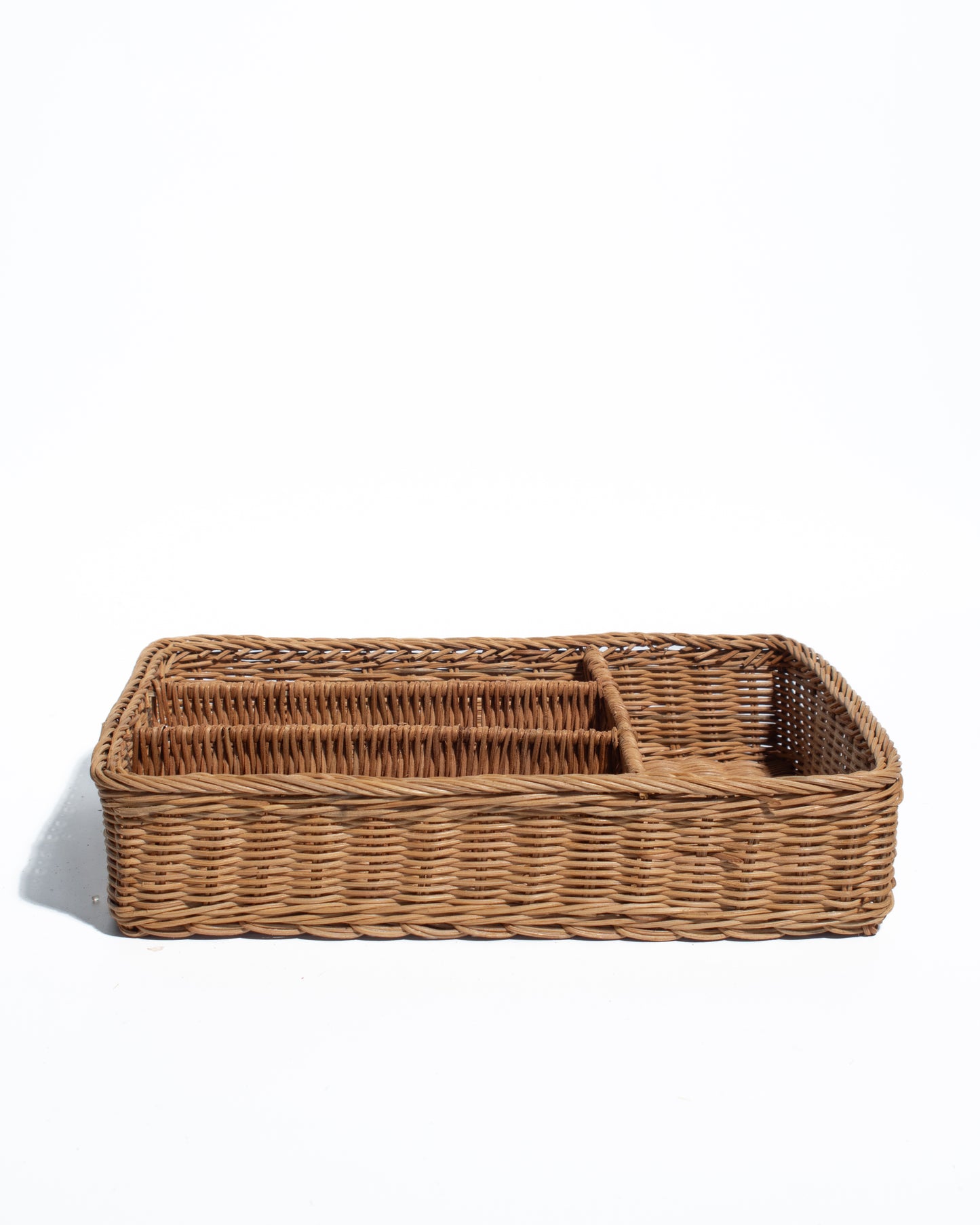 Multi-Compartment Handwoven Rattan Organizer Tray – Natural Wicker Storage with Sturdy Iron Frame – Versatile Use for Home, Office, and Kitchen