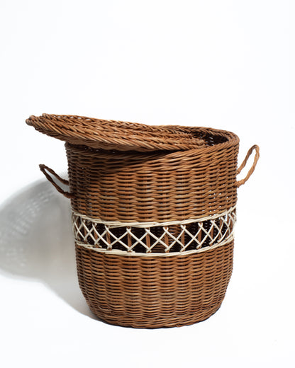 Handwoven Rattan Storage Basket with Lid – Natural Wicker Organizer with Handles