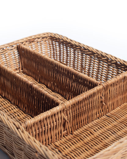 Multi-Compartment Handwoven Rattan Organizer Tray – Natural Wicker Storage with Sturdy Iron Frame – Versatile Use for Home, Office, and Kitchen